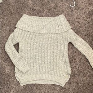 Off the shoulder grey and white knit sweater